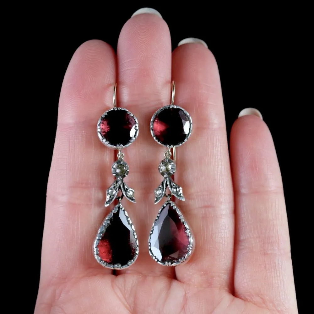 Georgian Flat Cut Garnet Diamond Drop Earrings 18Ct Gold Silver