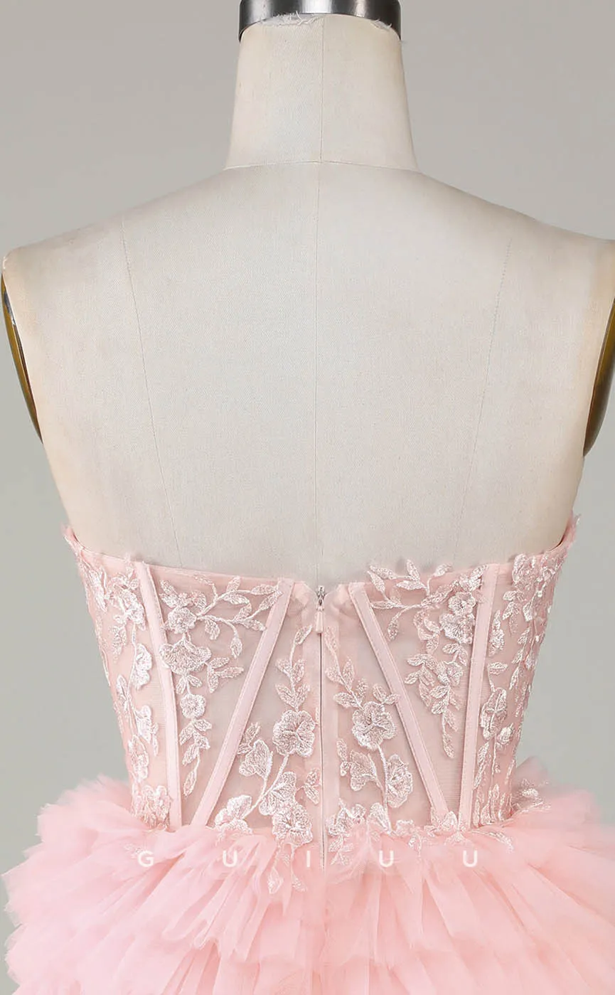 GH605 - Sexy & Hot Strapless Ball Gown Sheer Appliques Tiered Open Back Homecoming Dress