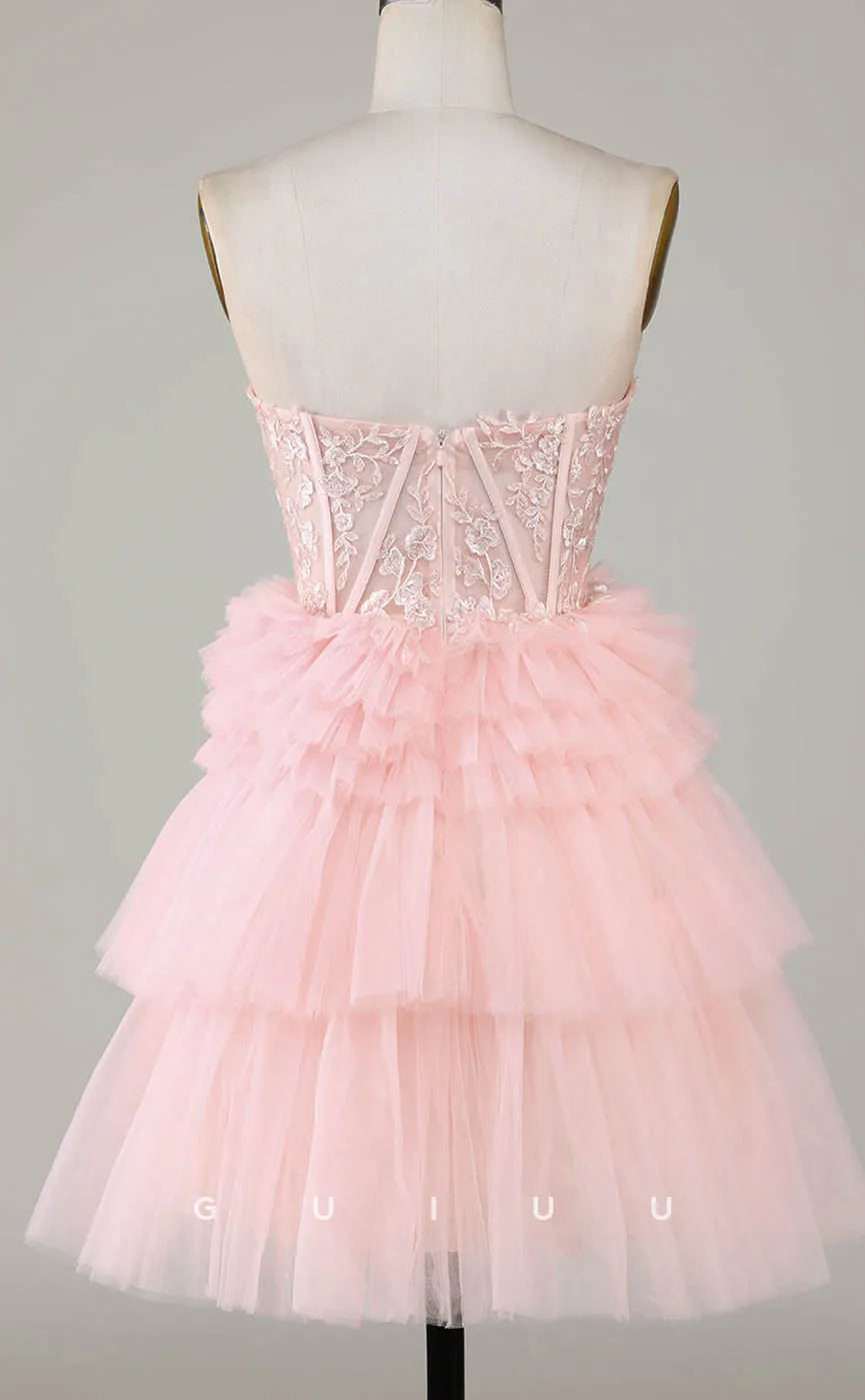 GH605 - Sexy & Hot Strapless Ball Gown Sheer Appliques Tiered Open Back Homecoming Dress