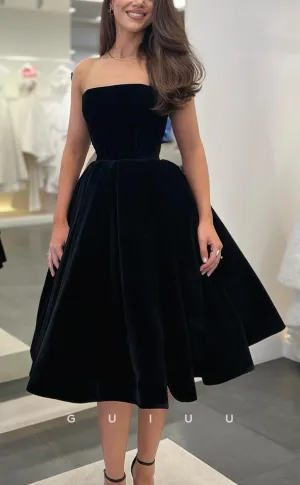 GH745 - Simple Classic A Line Black Velvet Strapless Long Party Homecoming Dress