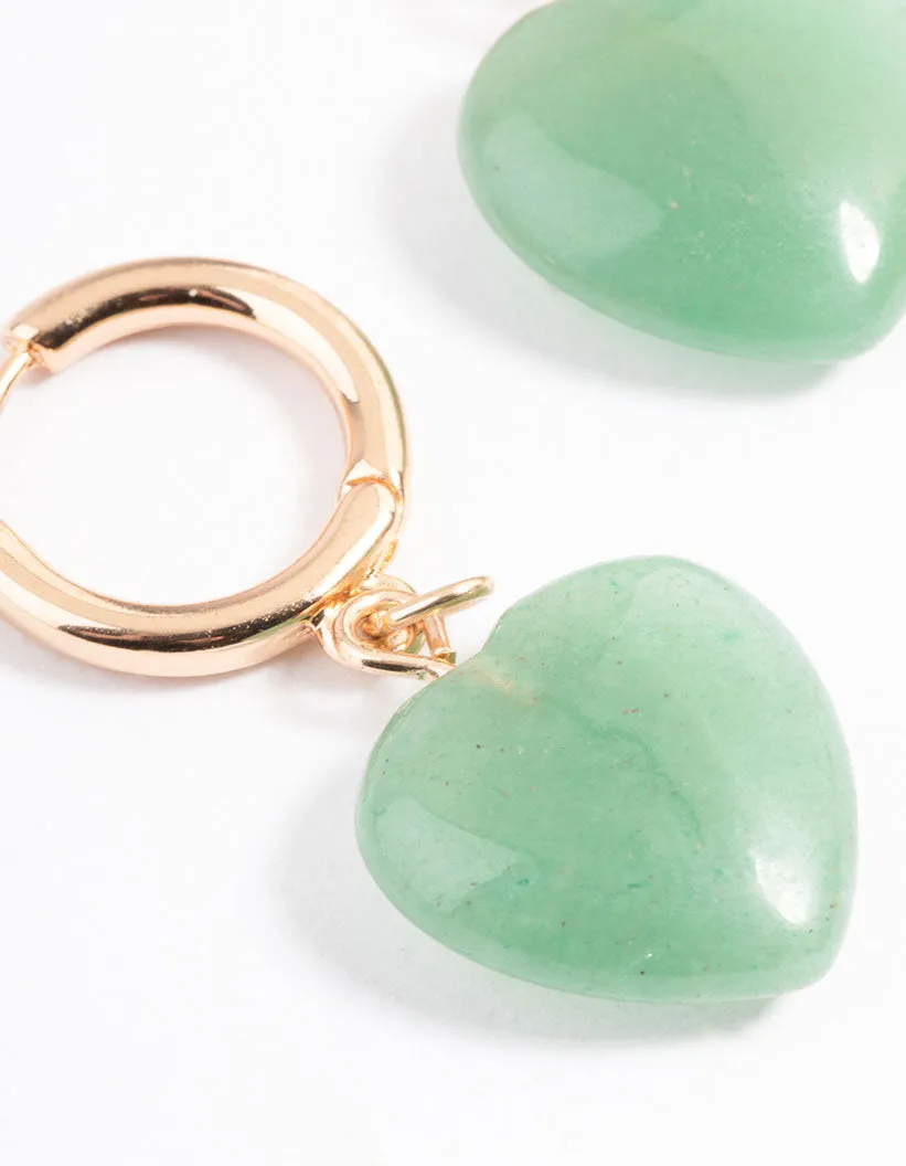 Gold Green Aventurine Heart Huggie Earrings