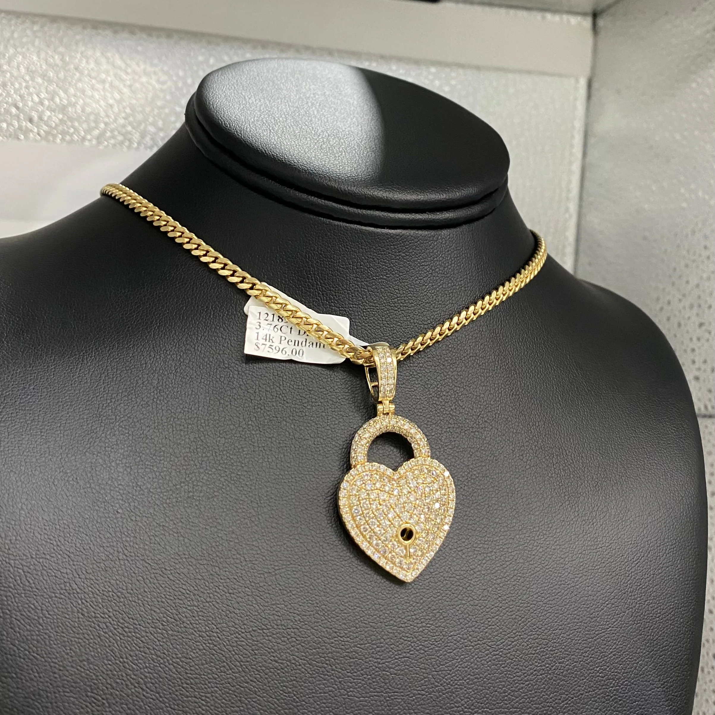 Heart Lock Pendant 14K Yellow Gold With Diamond / 3.76Ct Dia/ 8.5gr
