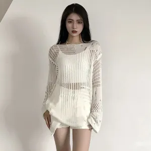 Hollow Out Knitting Sweaters For Women Round Neck Long Sleeve Casual Solid Loose Pullover Sweater Female Fashion