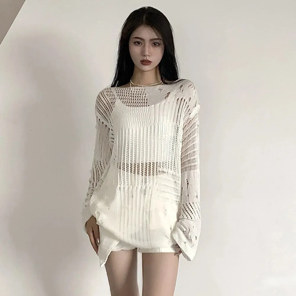 Hollow Out Knitting Sweaters For Women Round Neck Long Sleeve Casual Solid Loose Pullover Sweater Female Fashion