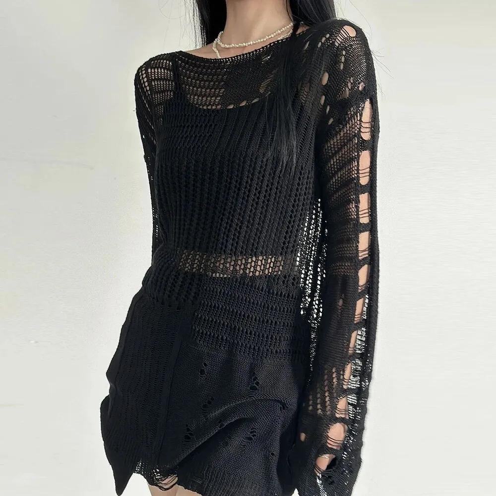 Hollow Out Knitting Sweaters For Women Round Neck Long Sleeve Casual Solid Loose Pullover Sweater Female Fashion