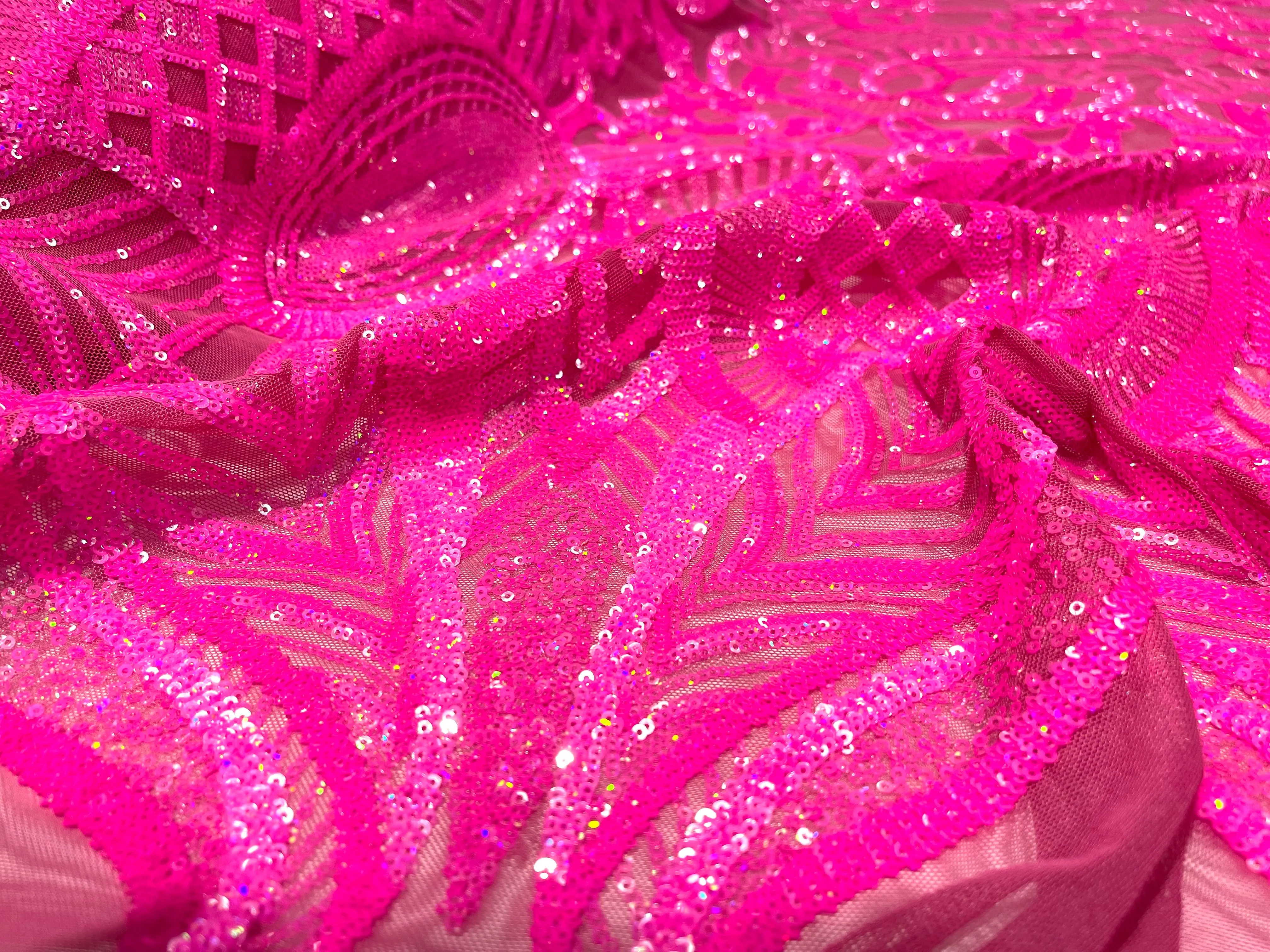 Hot Pink iridescent royalty design on a 4 way stretch mesh-prom-sold by the yard.