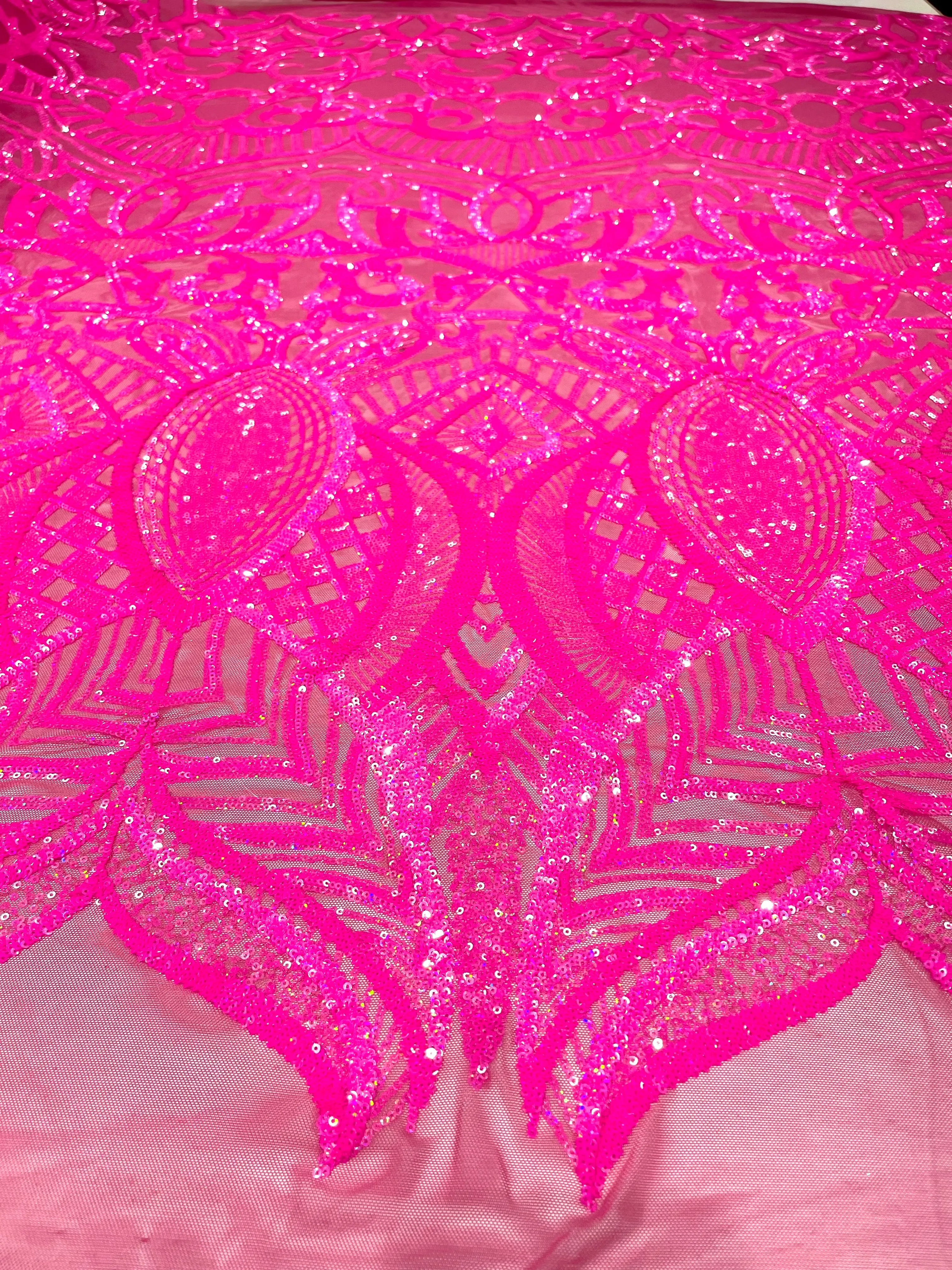 Hot Pink iridescent royalty design on a 4 way stretch mesh-prom-sold by the yard.