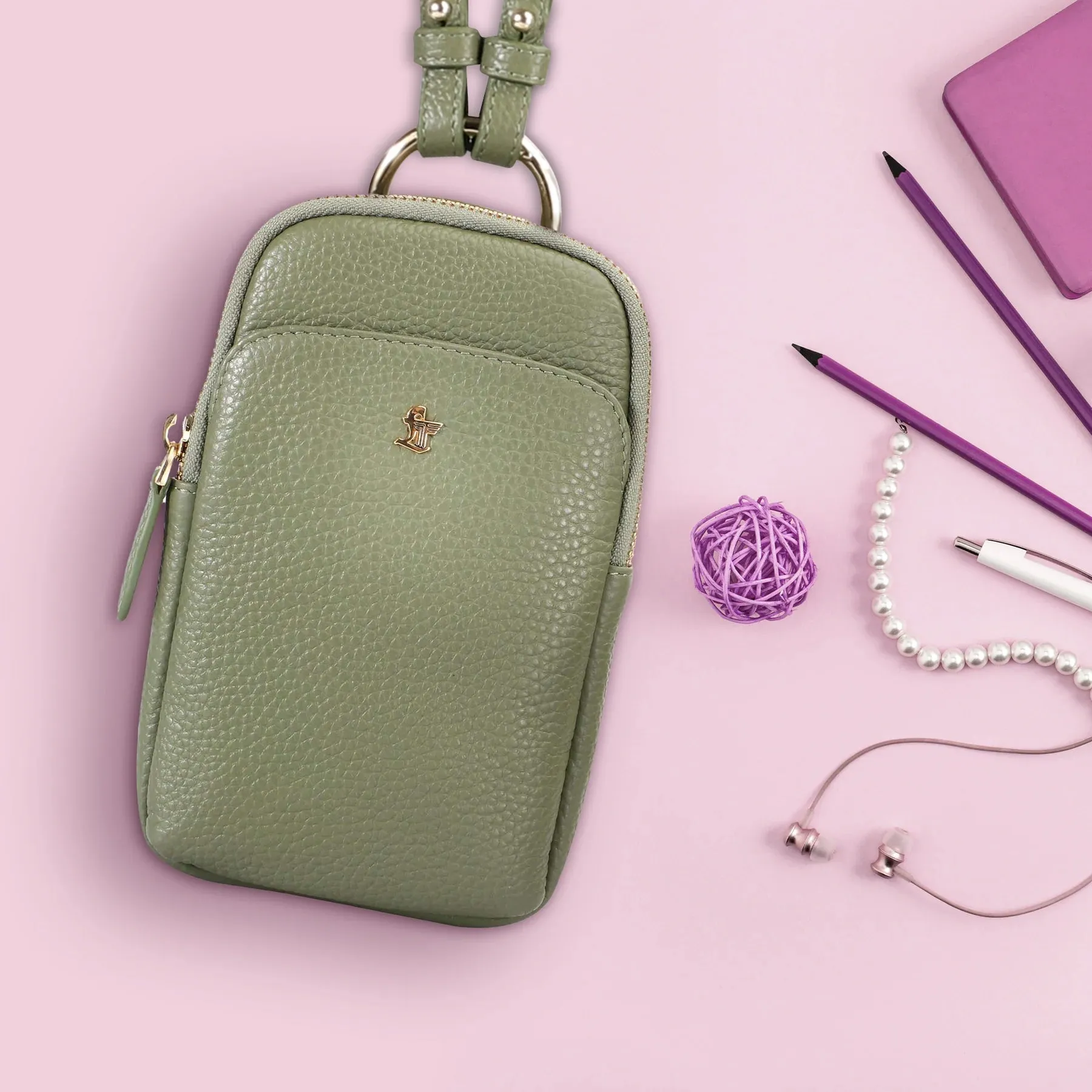 Hydra - Mobile Sling Bag for Women |  Genuine Leather Mobile Pouch | Color: Cherry & Green