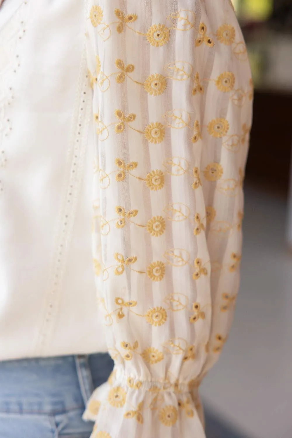 Ivory Two-Tone Embroidered V Neck Top