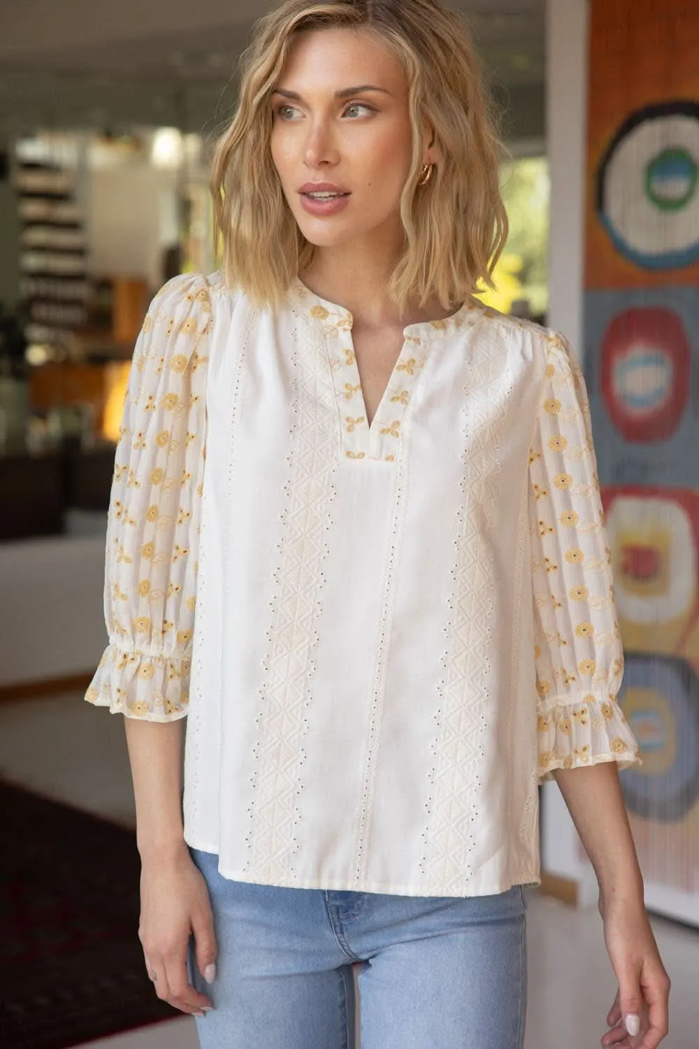 Ivory Two-Tone Embroidered V Neck Top