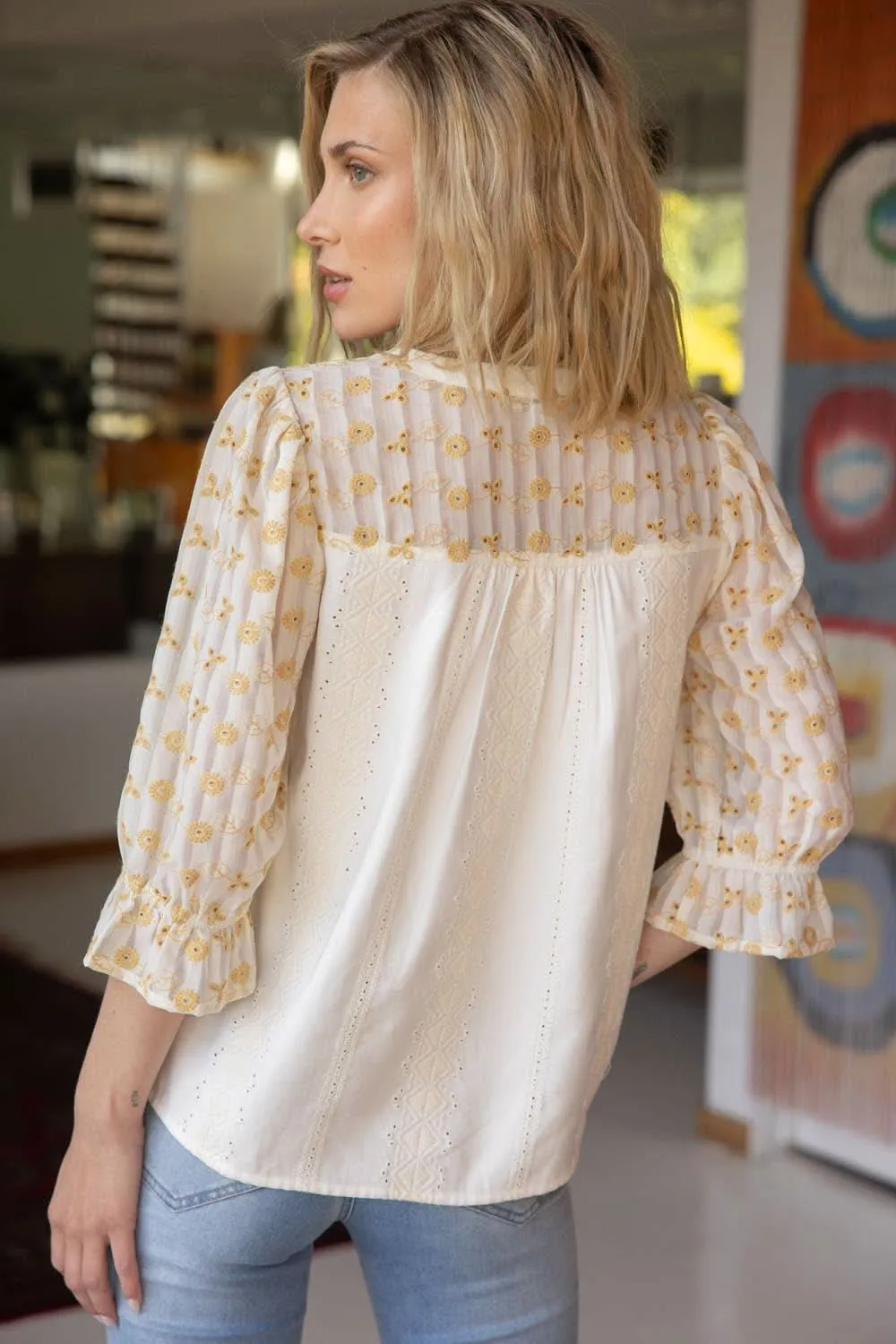 Ivory Two-Tone Embroidered V Neck Top
