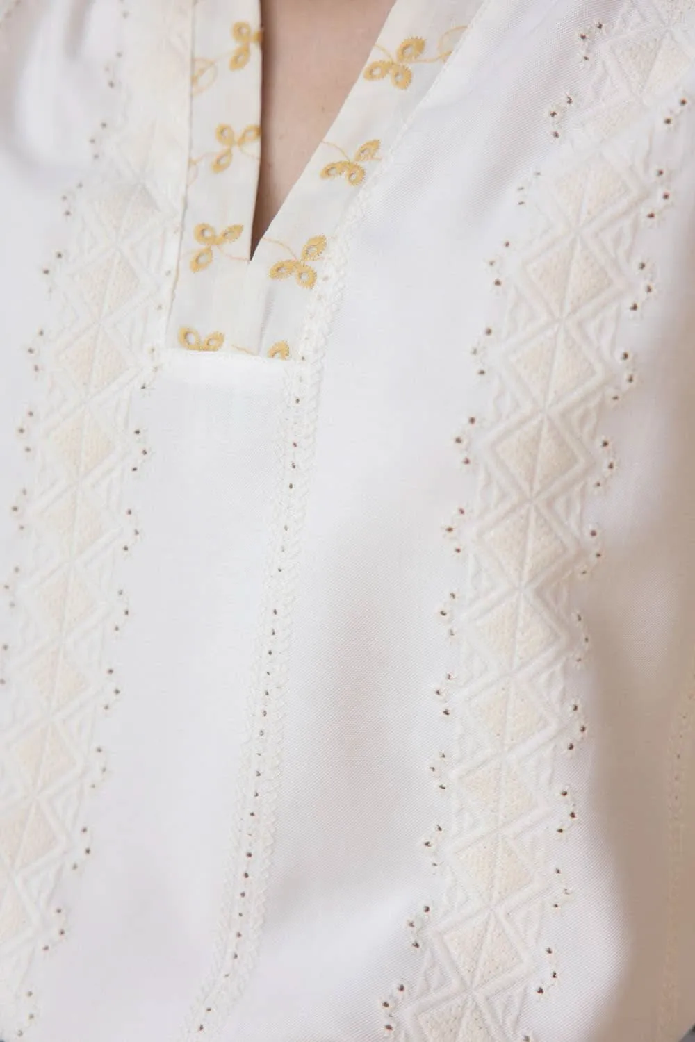 Ivory Two-Tone Embroidered V Neck Top
