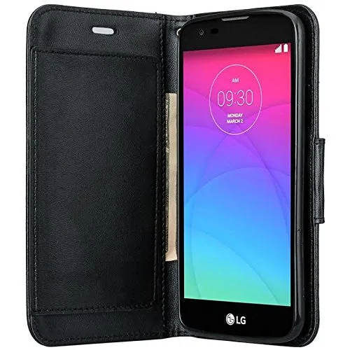 LG K7 | Tribute 5 | Treasure Case, Double Fold Wallet Case, Wrist Strap Flip Folio [Kickstand Feature] Pu Leather Wallet Case with ID & Credit Card Slots & Pocket - Black