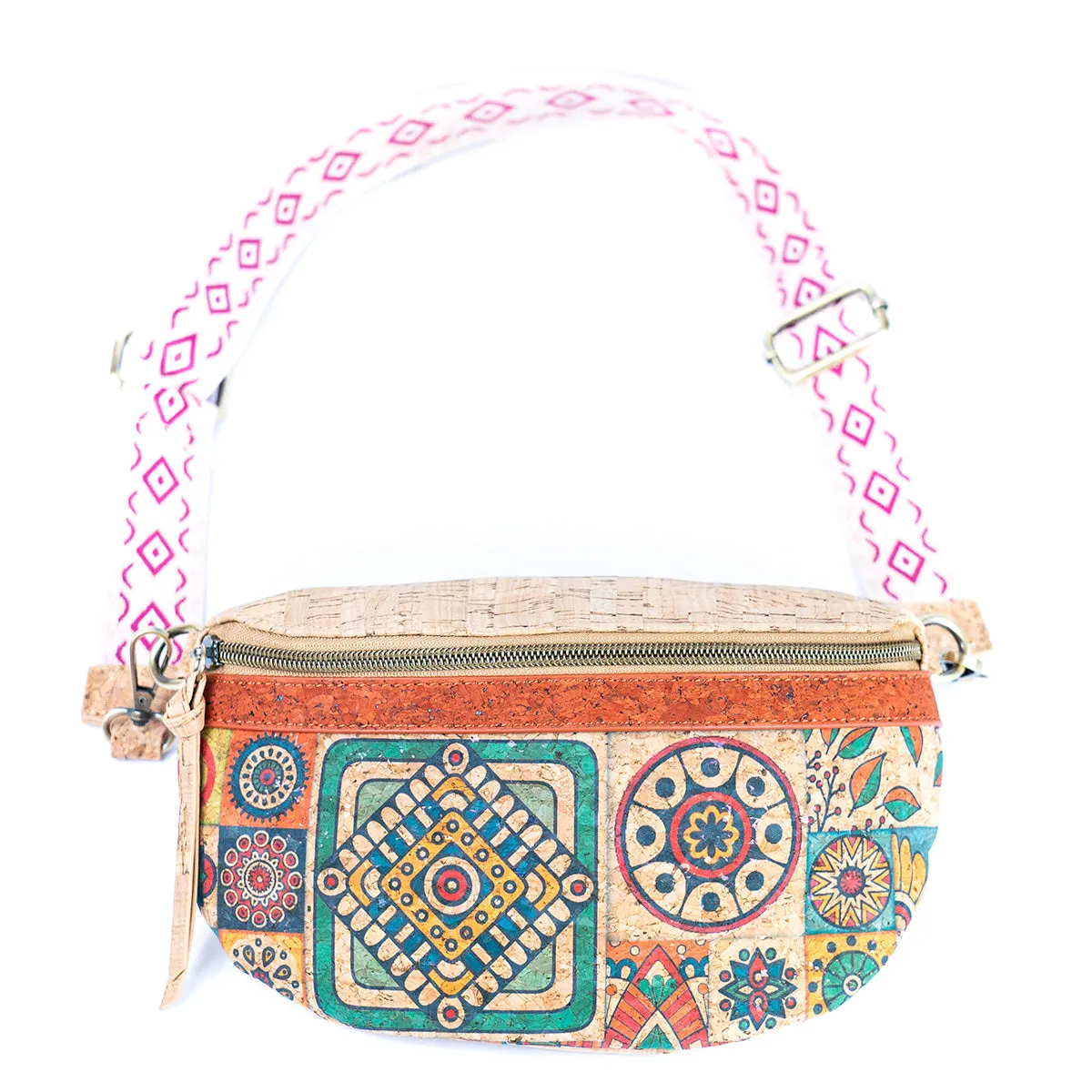 Mandala Print Cork Women's Chest Bag with Colorful Cotton Strap