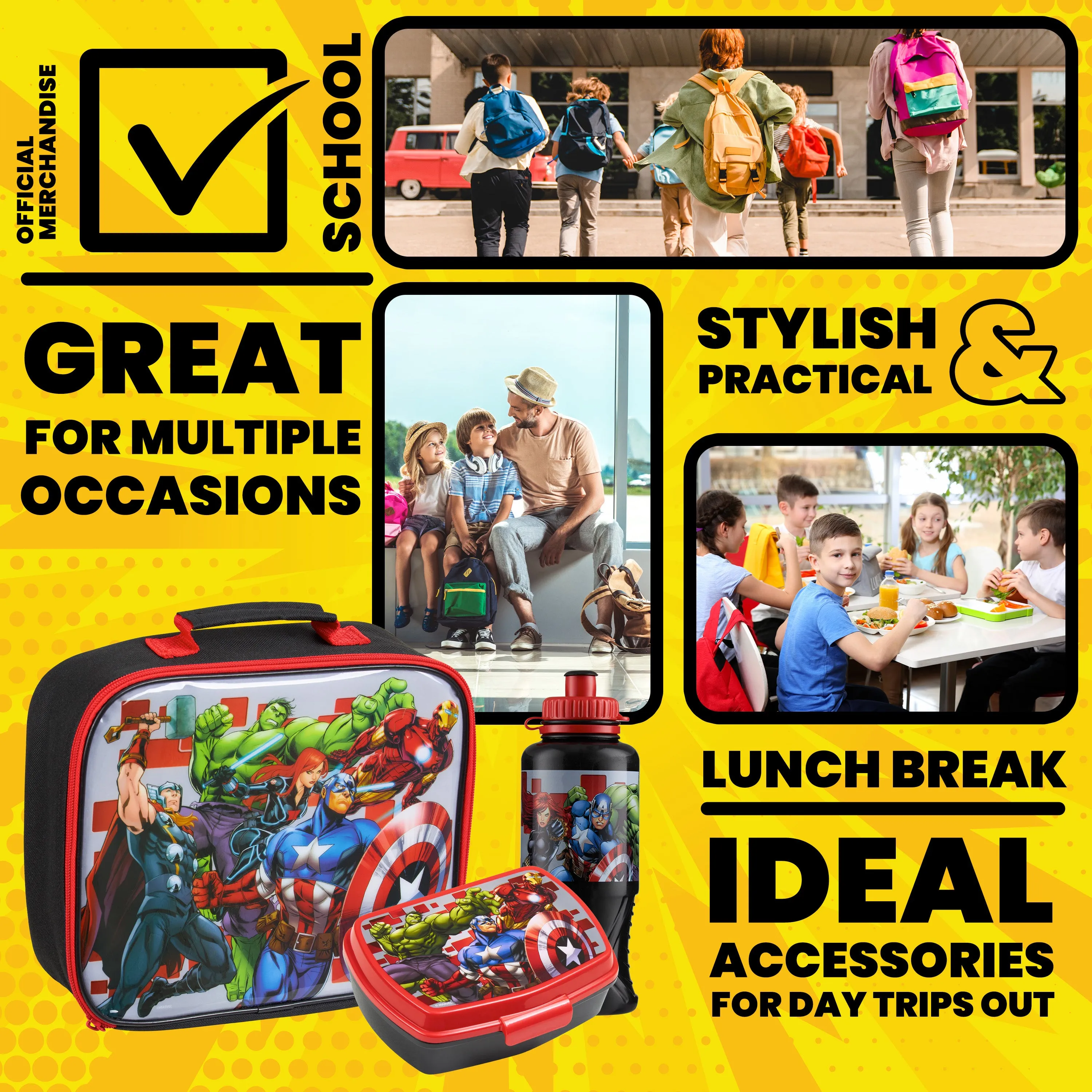 Marvel Kids Lunch Box 3 Piece Set Avengers Insulated Lunch Bag Snack Box 430ml