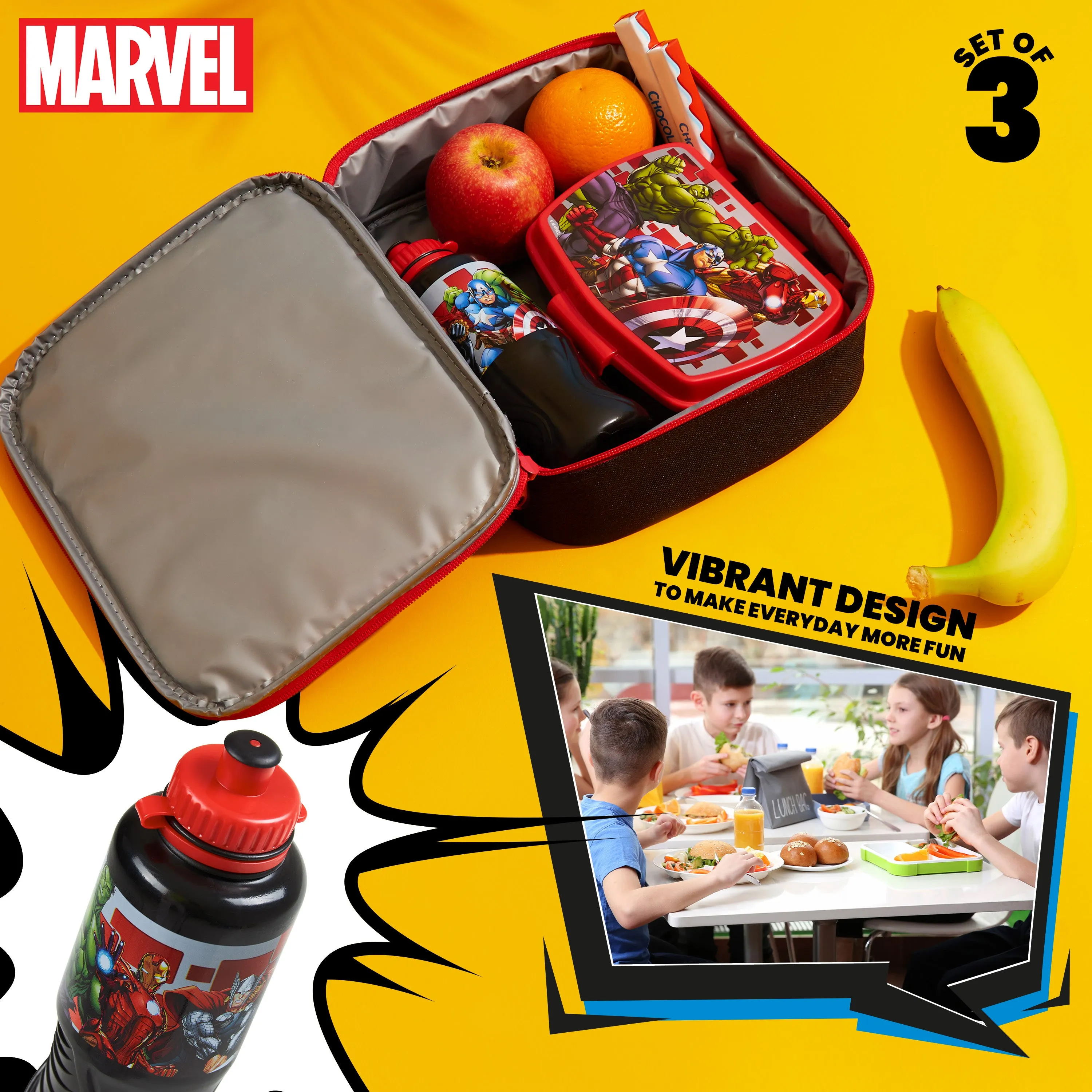 Marvel Kids Lunch Box 3 Piece Set Avengers Insulated Lunch Bag Snack Box 430ml