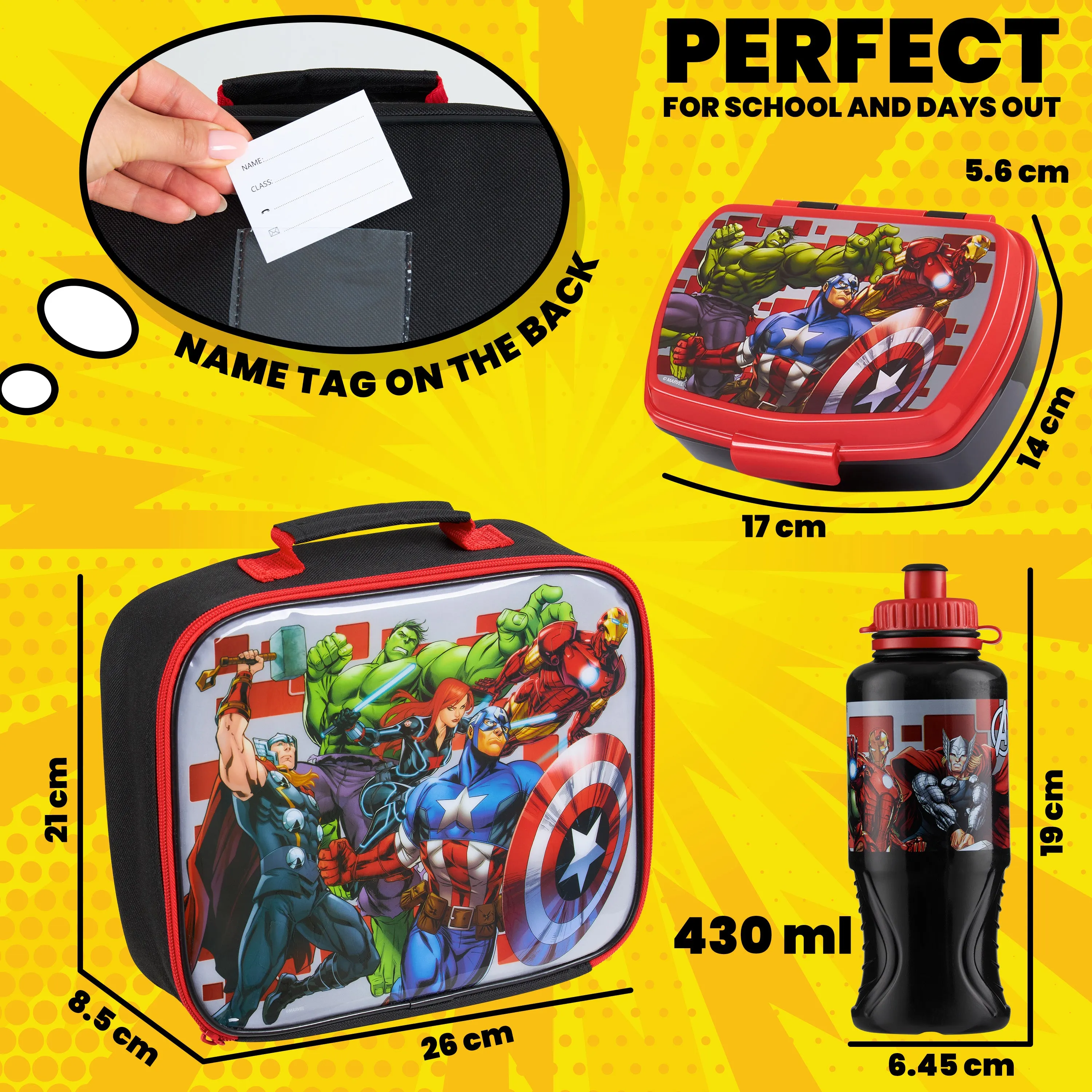 Marvel Kids Lunch Box 3 Piece Set Avengers Insulated Lunch Bag Snack Box 430ml