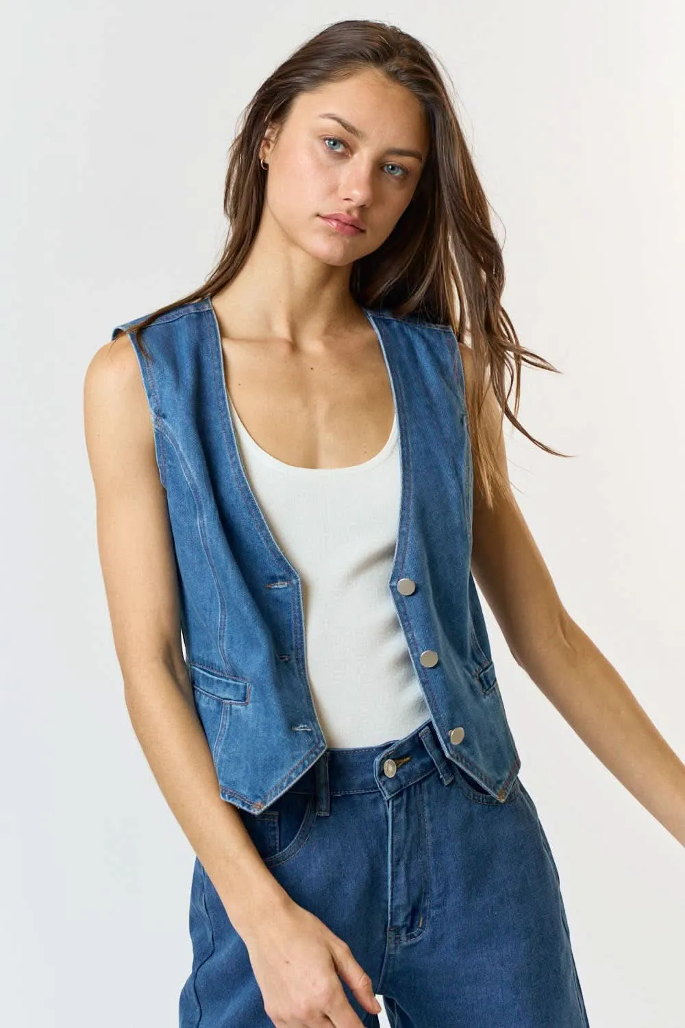 Medium Wash Denim Button Down Vest