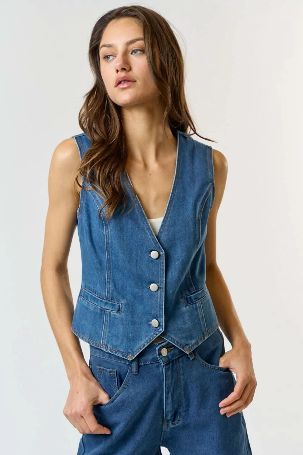 Medium Wash Denim Button Down Vest