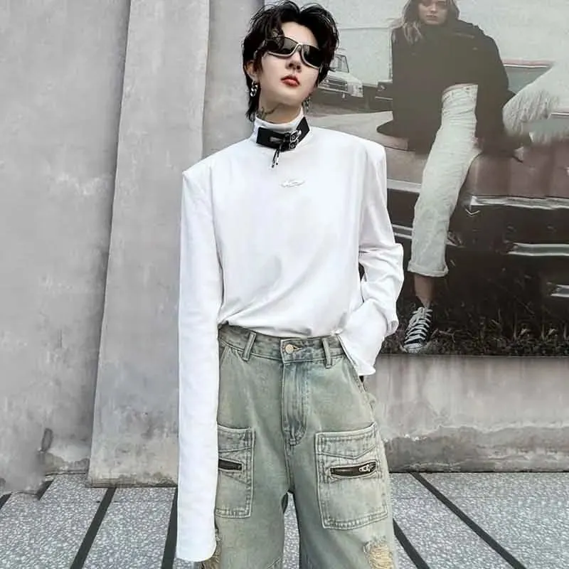 Men Long Sleeve Tops Solid Color Mock Neck Buckle Design Printing Male T-shirt Chic Men's Tees Personality Autumn 9C4637