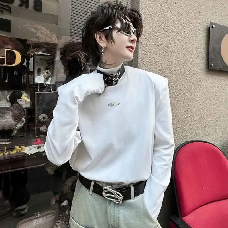 Men Long Sleeve Tops Solid Color Mock Neck Buckle Design Printing Male T-shirt Chic Men's Tees Personality Autumn 9C4637