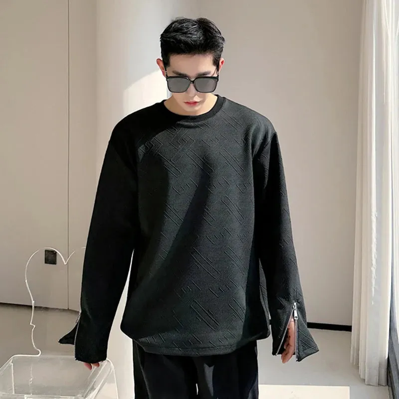 Men T-shirt Korean Fashion Jacquard Pattern Cuffs Split Zippers Round Neck Casual Long Sleeve Male Tops 9C5080
