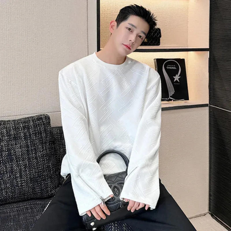 Men T-shirt Korean Fashion Jacquard Pattern Cuffs Split Zippers Round Neck Casual Long Sleeve Male Tops 9C5080