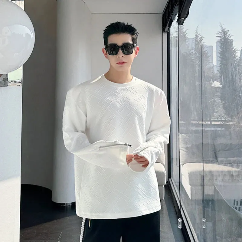 Men T-shirt Korean Fashion Jacquard Pattern Cuffs Split Zippers Round Neck Casual Long Sleeve Male Tops 9C5080