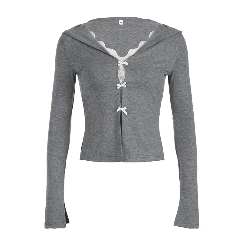 Metaversmall Casual Y2K Lace Patchwork Slim Women T-shirts Top Bow Split Korean Fashion Tee Long Sleeve Spring Autumn Kawaii Girls