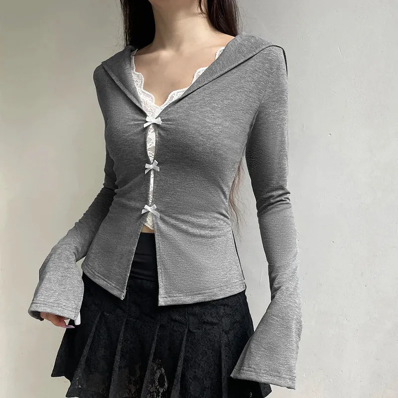 Metaversmall Casual Y2K Lace Patchwork Slim Women T-shirts Top Bow Split Korean Fashion Tee Long Sleeve Spring Autumn Kawaii Girls