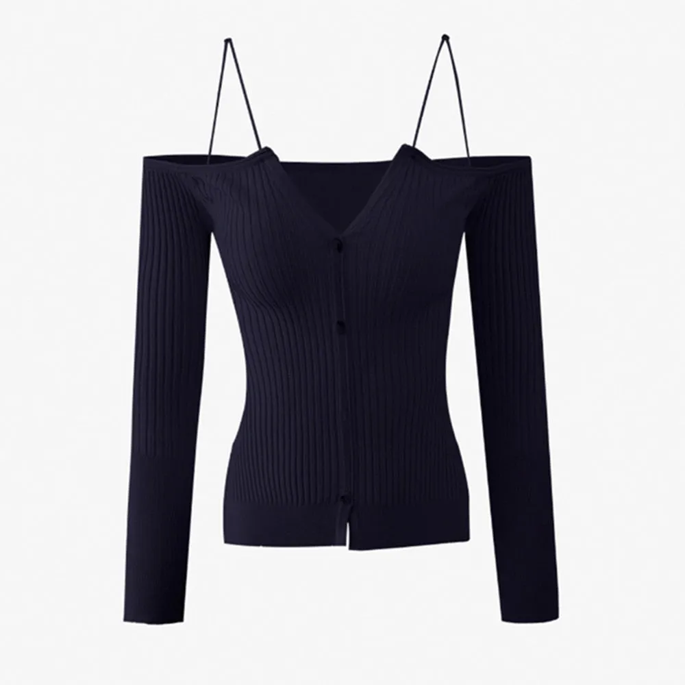 Off Shoulder T Shirt For Women V Neck Long Sleeve Solid Single Breasted Knitting T Shirts Female Clothes Autumn
