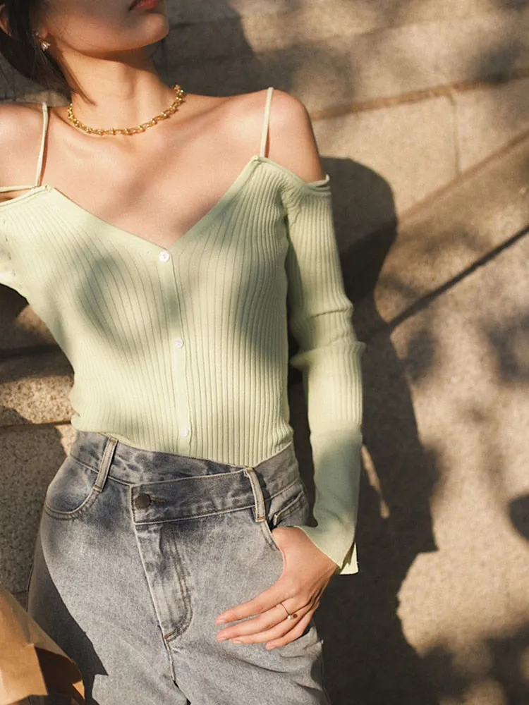 Off Shoulder T Shirt For Women V Neck Long Sleeve Solid Single Breasted Knitting T Shirts Female Clothes Autumn