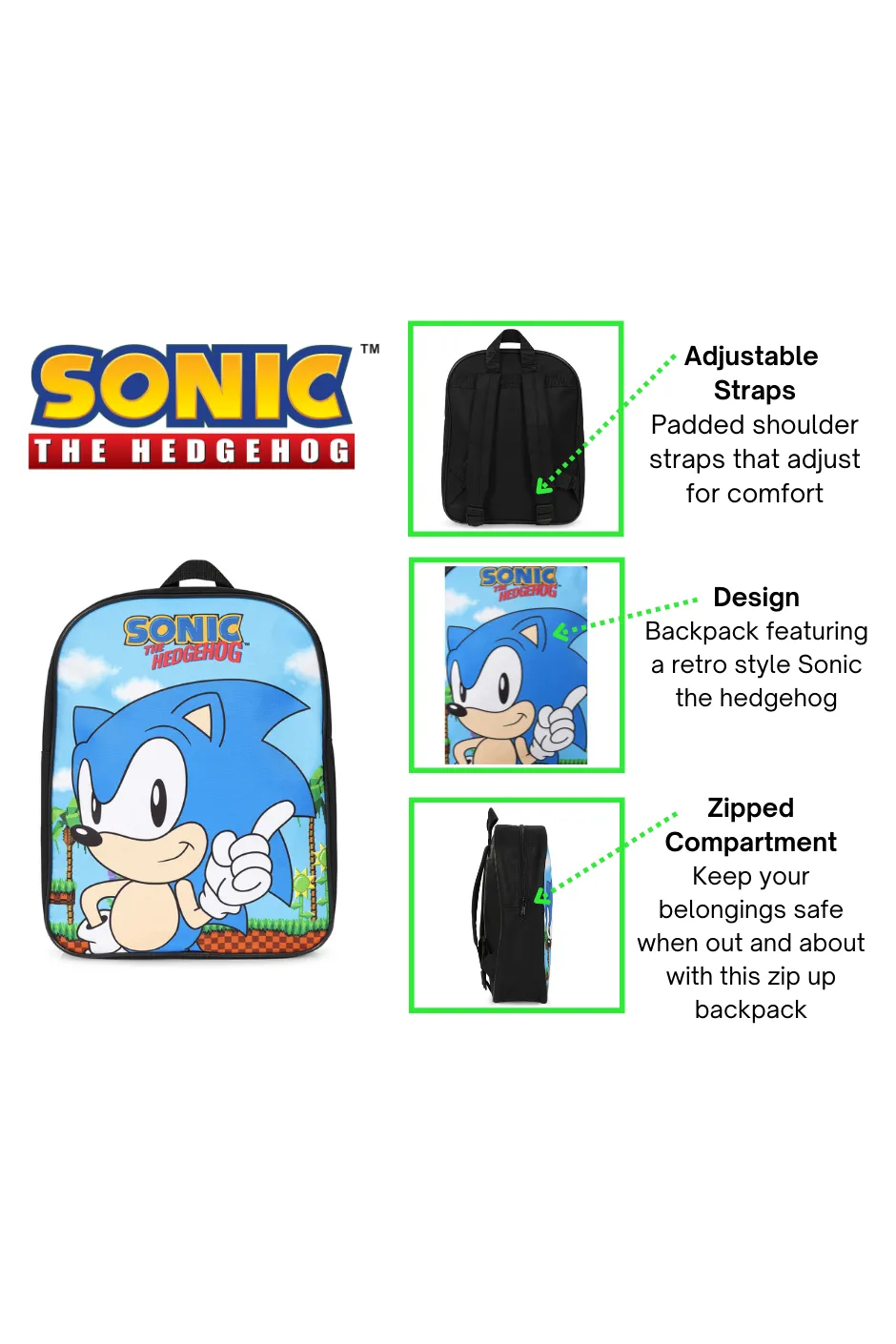 Official Sonic The Hedgehog Retro Kids Backpack Rucksack School Bag