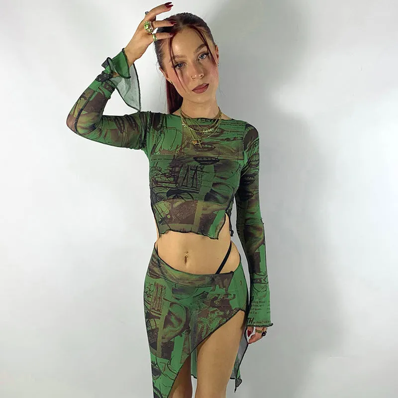 Printed Mesh Long Sleeve
