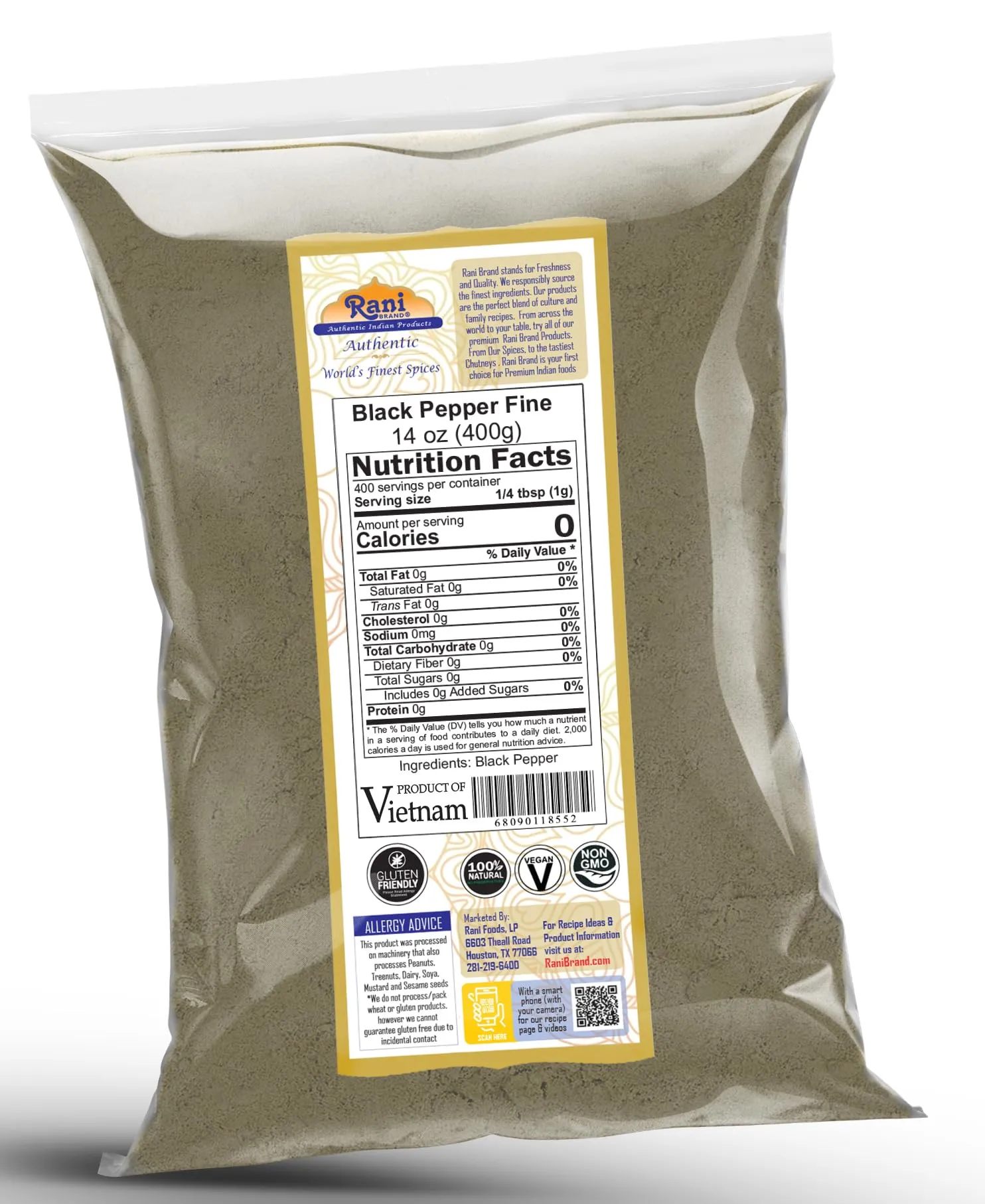 Rani Black Pepper Fine Powder 80 Mesh 14oz (400g) ~ All Natural | Vegan | Gluten Friendly | NON-GMO | Kosher | Product of Vietnam