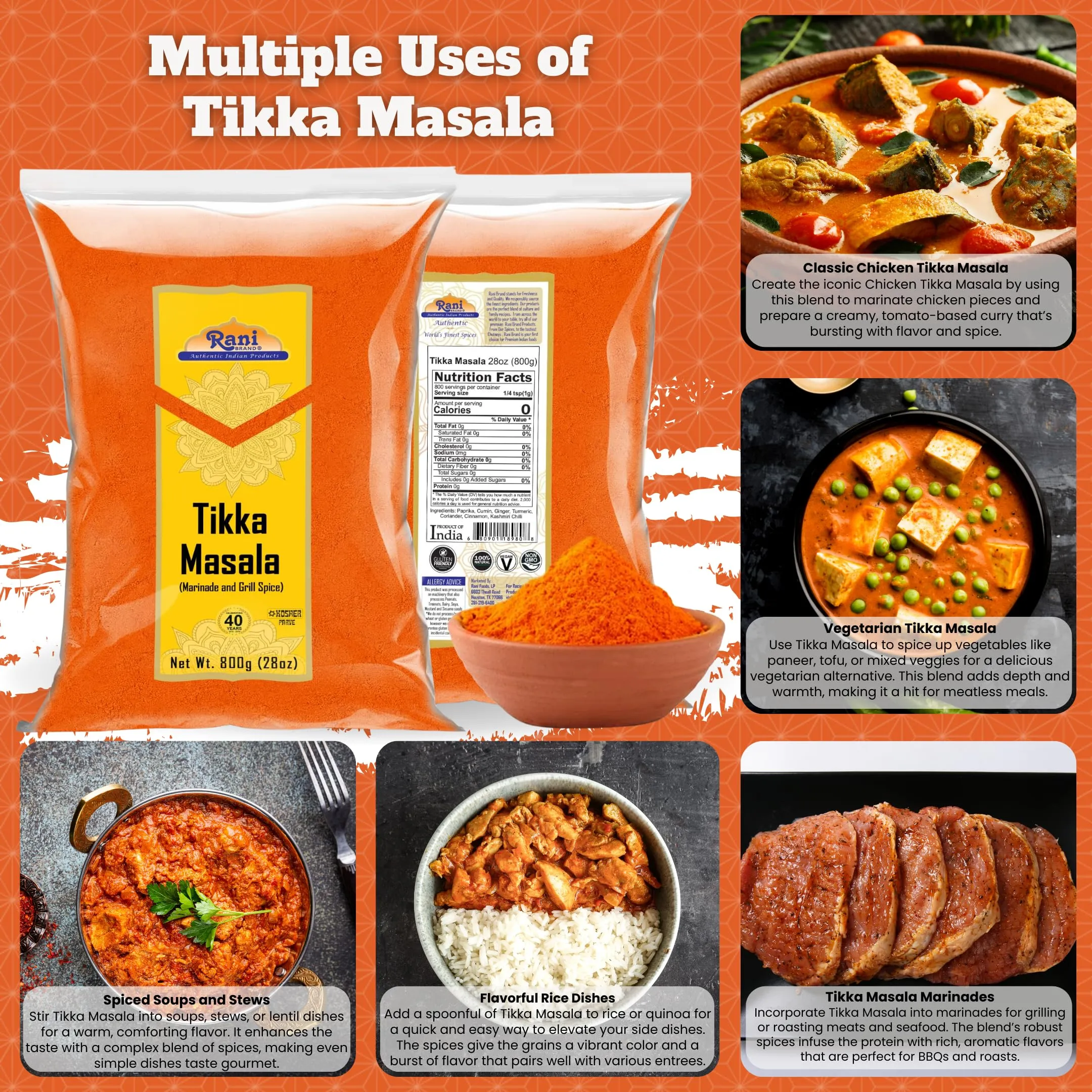 Rani Tikka Masala Indian 7-Spice Blend 28oz (800g) ~ All Natural, Salt-Free | Vegan | No Colors | Gluten Friendly | NON-GMO | Kosher