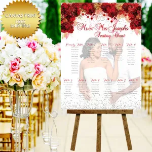 Red rose flowers wedding seating chart canvas sign