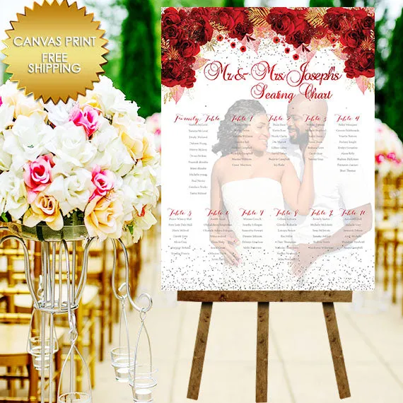 Red rose flowers wedding seating chart canvas sign