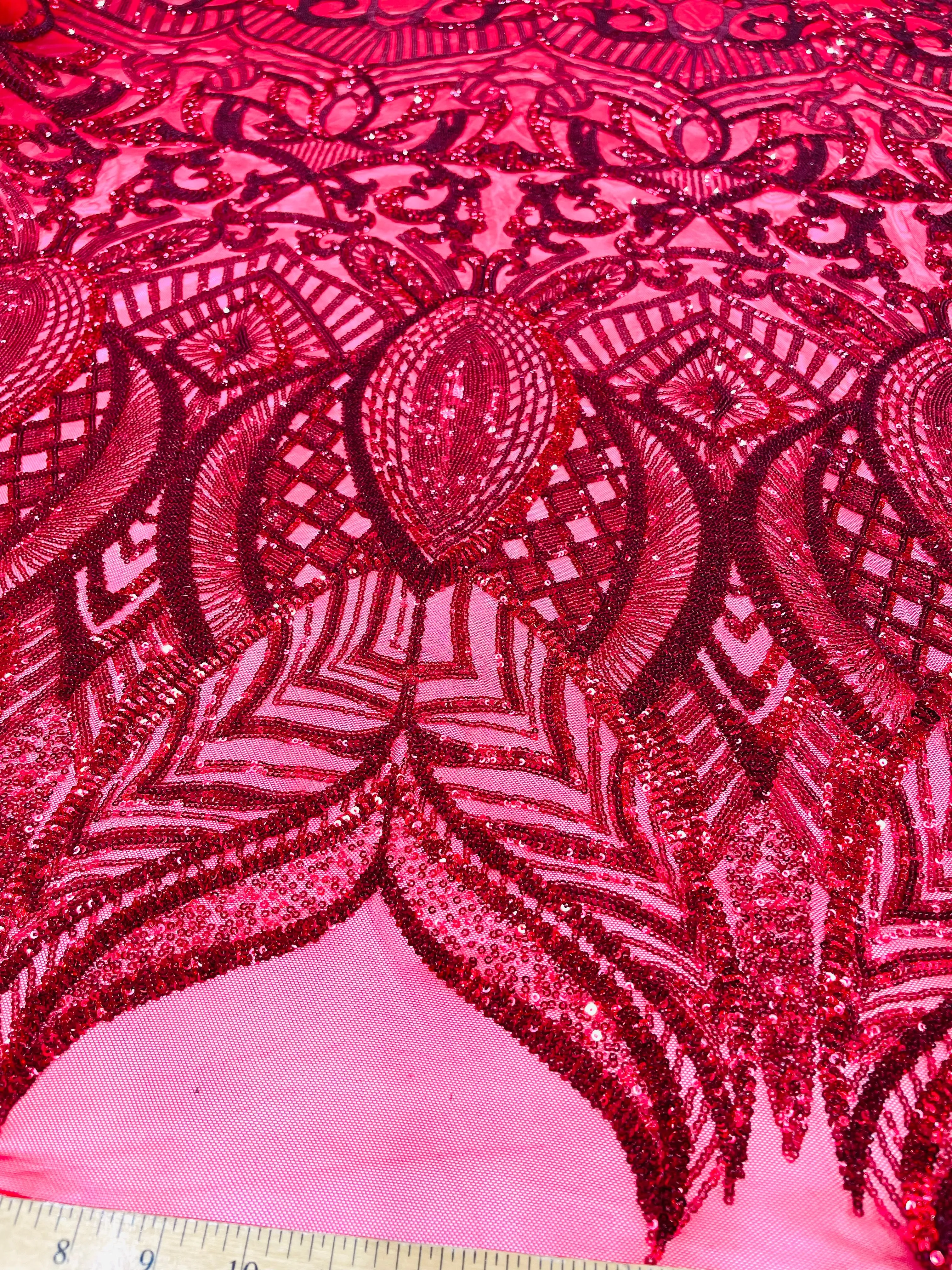 Red royalty design on a 4 way stretch mesh-prom-sold by the yard.