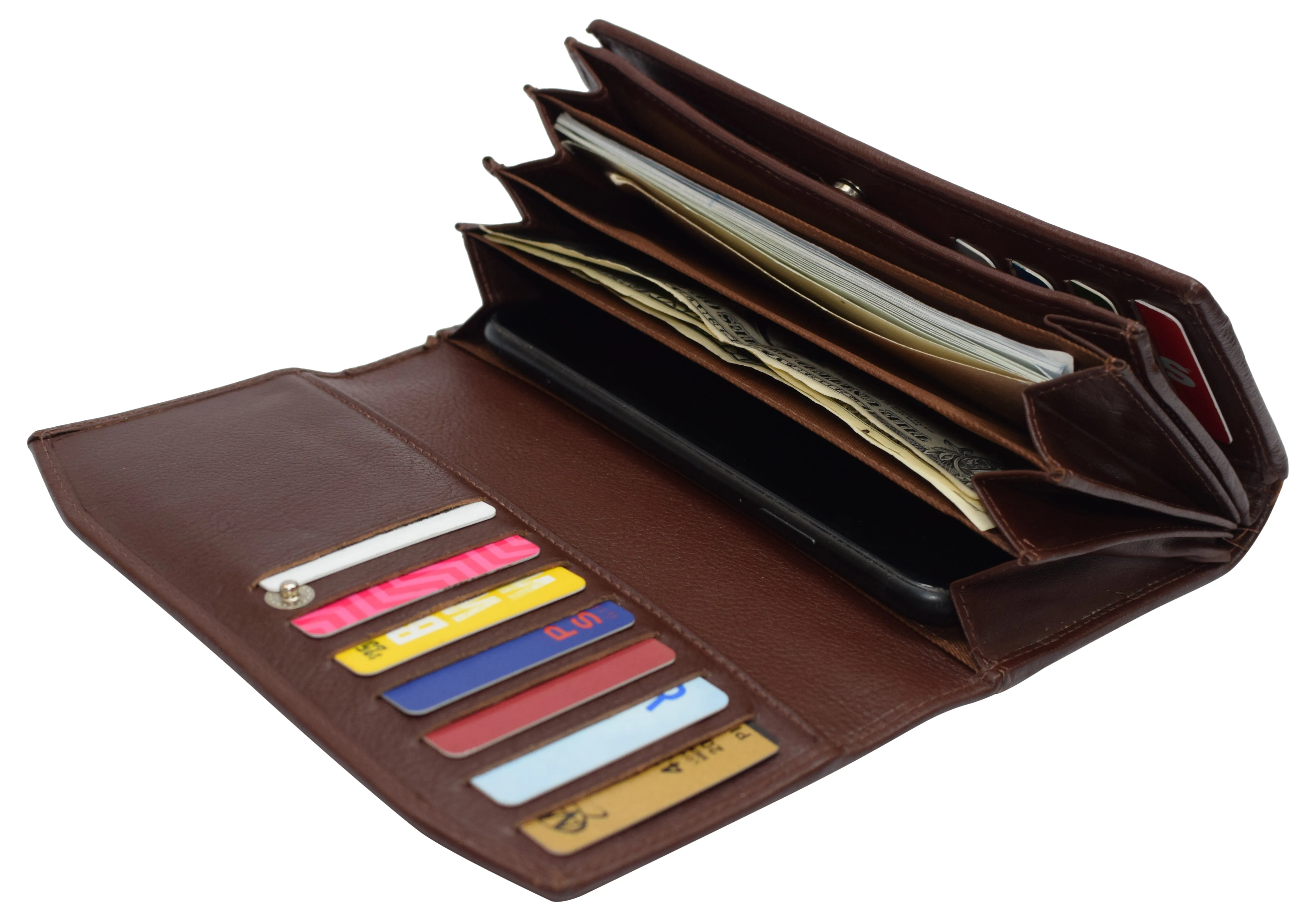 RFIDCN3547 Womens Genuine Leather Wallets RFID Blocking Accordion Trifold Card Holder Ladies Phone Clutch