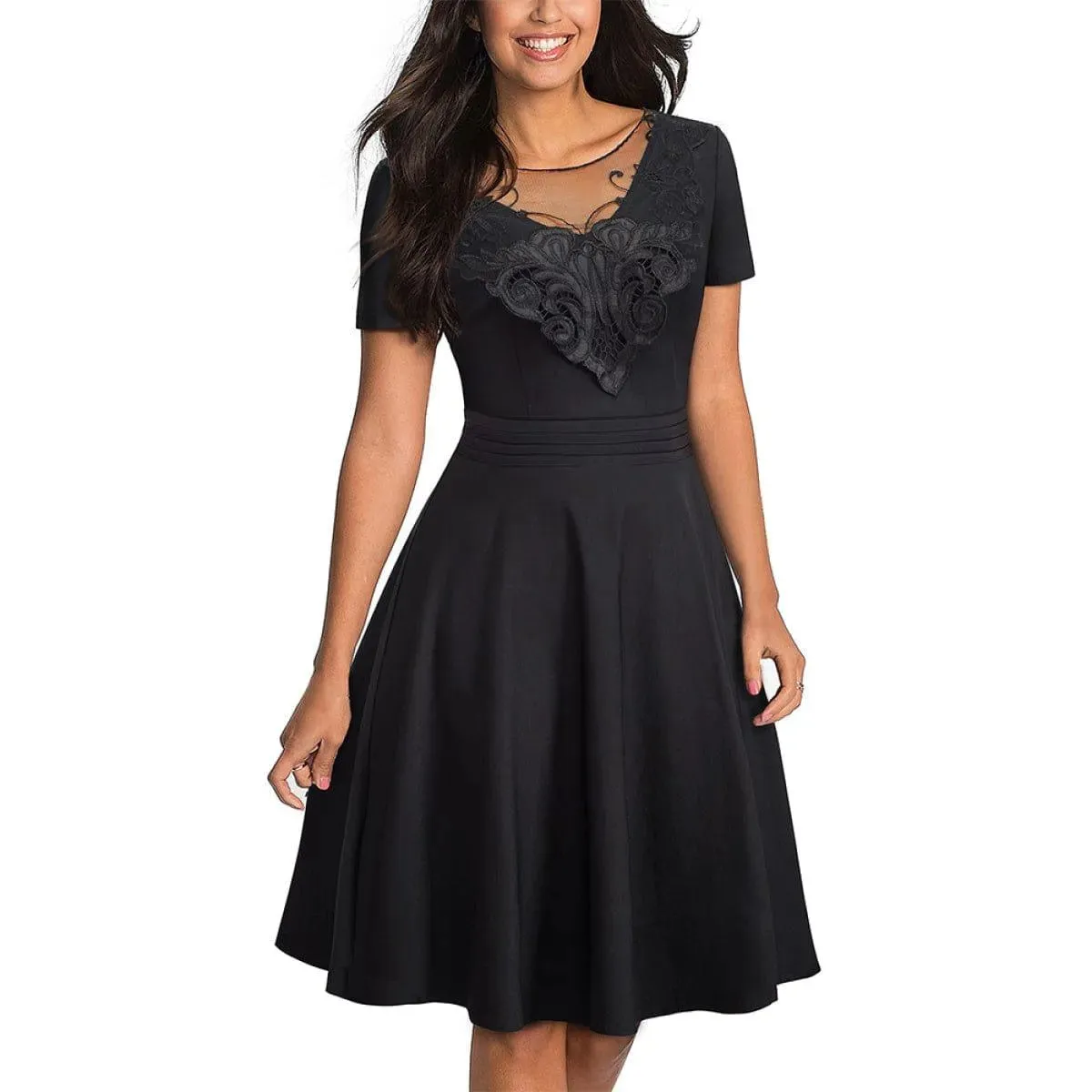 Round Neck Short Sleeve Lace-Embroidered Mini Dress Black
