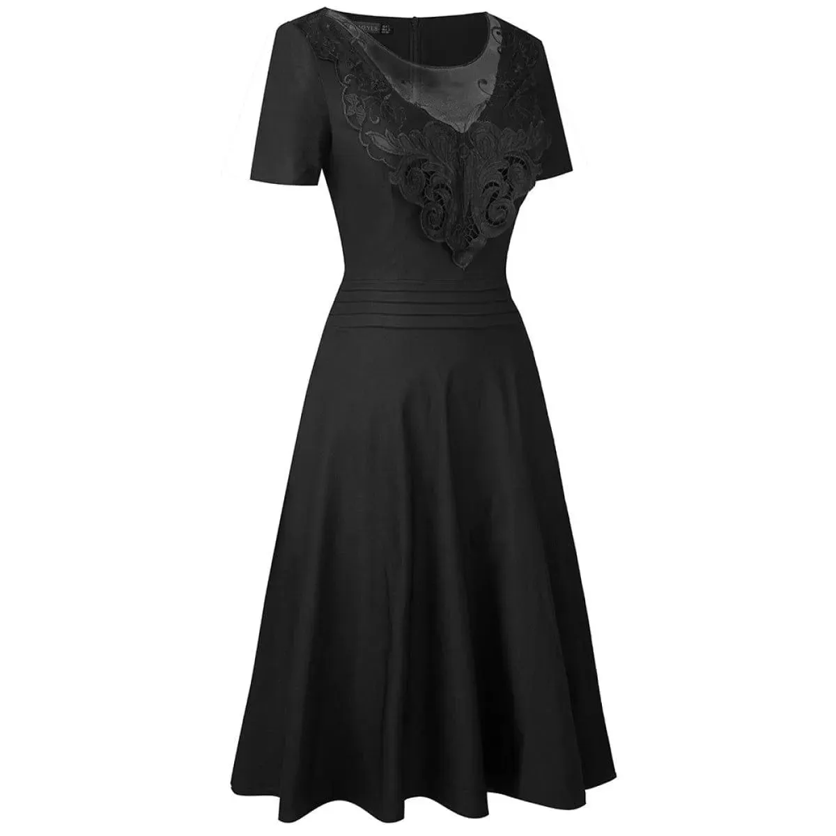 Round Neck Short Sleeve Lace-Embroidered Mini Dress Black