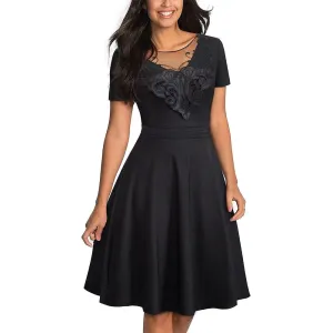 Round Neck Short Sleeve Lace-Embroidered Mini Dress Black