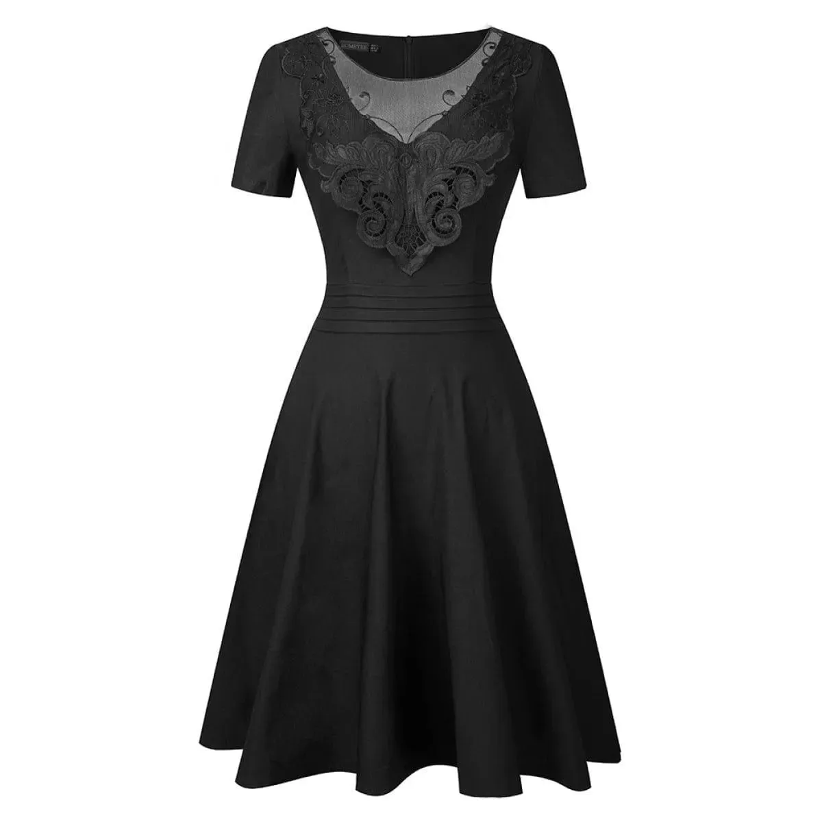 Round Neck Short Sleeve Lace-Embroidered Mini Dress Black