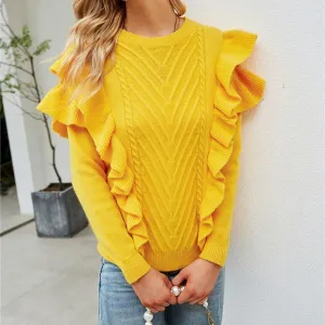 Ruffles Women Knitwear Solid Yellow Sweater