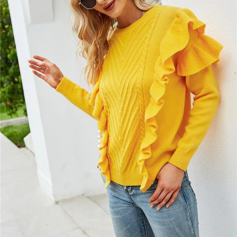 Ruffles Women Knitwear Solid Yellow Sweater