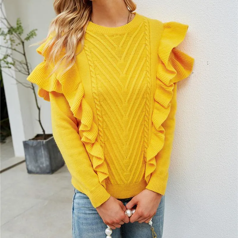 Ruffles Women Knitwear Solid Yellow Sweater