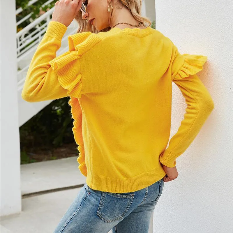 Ruffles Women Knitwear Solid Yellow Sweater