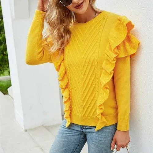 Ruffles Women Knitwear Solid Yellow Sweater