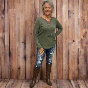 Sage Green Long Sleeve Top With Tie String